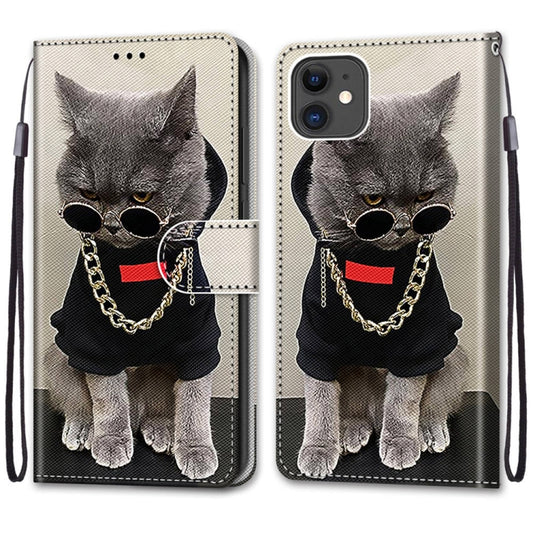 For iPhone 11 Coloured Drawing Cross Texture Horizontal Flip PU Leather Case with Holder & Card Slots & Wallet & Lanyard (B09 Golden Chain Grey Cat) by buy2fix