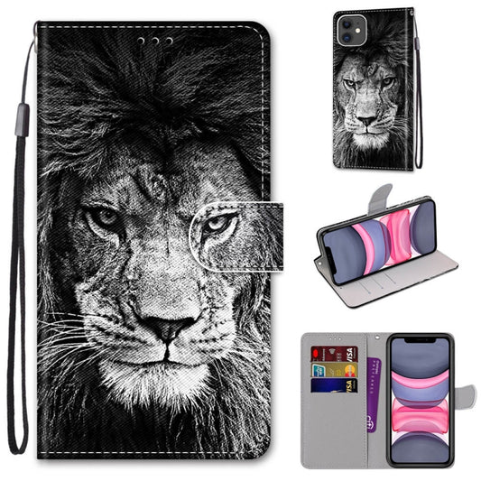For iPhone 11 Coloured Drawing Cross Texture Horizontal Flip PU Leather Case with Holder & Card Slots & Wallet & Lanyard (B11 Black White Lion Head) by buy2fix