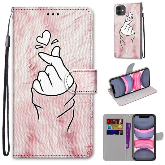 For iPhone 11 Coloured Drawing Cross Texture Horizontal Flip PU Leather Case with Holder & Card Slots & Wallet & Lanyard (Pink Hands Heart) by buy2fix