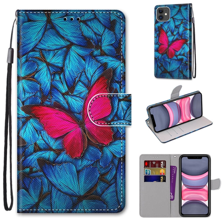 For iPhone 11 Coloured Drawing Cross Texture Horizontal Flip PU Leather Case with Holder & Card Slots & Wallet & Lanyard (Blue Red Butterfly) by buy2fix