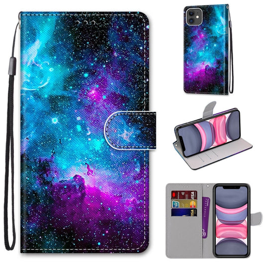 For iPhone 11 Coloured Drawing Cross Texture Horizontal Flip PU Leather Case with Holder & Card Slots & Wallet & Lanyard (Purple Green Starry Sky) by buy2fix