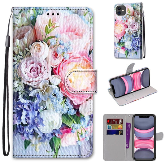 For iPhone 11 Coloured Drawing Cross Texture Horizontal Flip PU Leather Case with Holder & Card Slots & Wallet & Lanyard (Light Pink Bouquet) by buy2fix