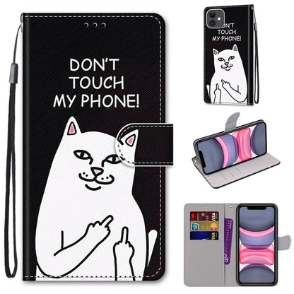 For iPhone 11 Coloured Drawing Cross Texture Horizontal Flip PU Leather Case with Holder & Card Slots & Wallet & Lanyard (Middle Finger White Cat) by buy2fix