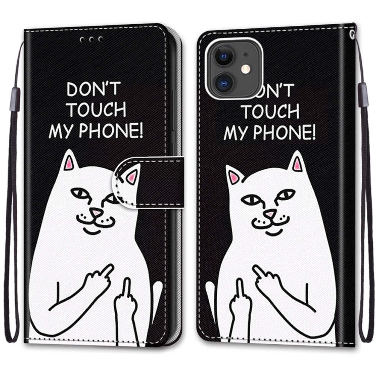 For iPhone 11 Coloured Drawing Cross Texture Horizontal Flip PU Leather Case with Holder & Card Slots & Wallet & Lanyard (Middle Finger White Cat) by buy2fix