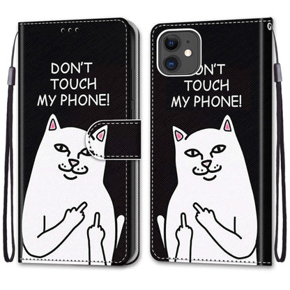 For iPhone 11 Coloured Drawing Cross Texture Horizontal Flip PU Leather Case with Holder & Card Slots & Wallet & Lanyard (Middle Finger White Cat) by buy2fix