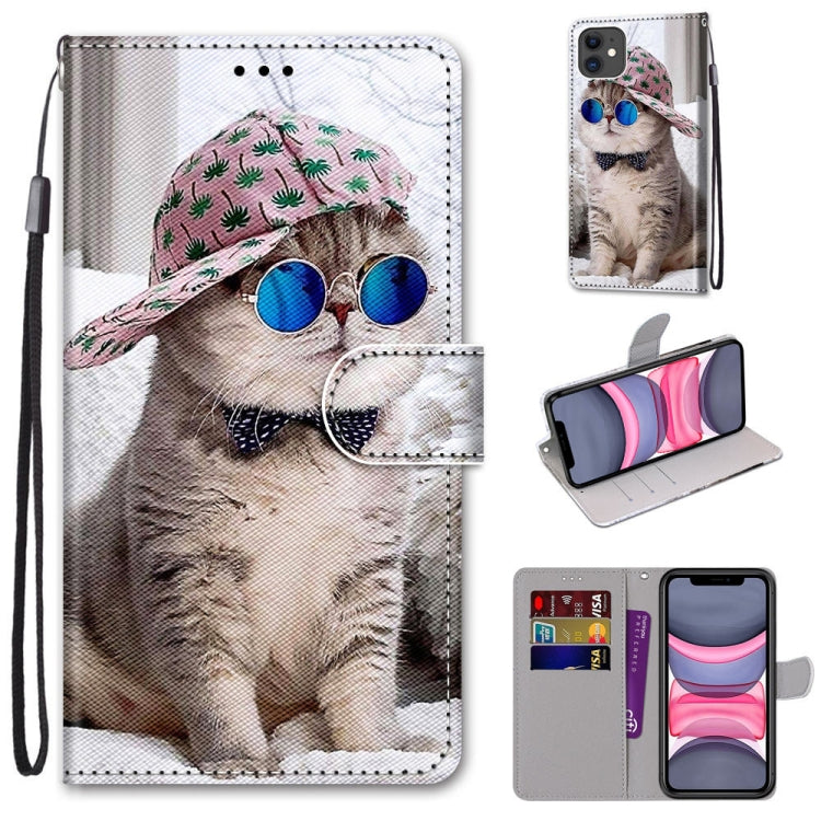 For iPhone 11 Coloured Drawing Cross Texture Horizontal Flip PU Leather Case with Holder & Card Slots & Wallet & Lanyard (Slant Hat Blue Mirror Cat) by buy2fix