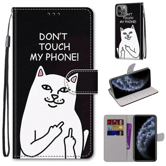 For iPhone 11 Pro Coloured Drawing Cross Texture Horizontal Flip PU Leather Case with Holder & Card Slots & Wallet & Lanyard (Middle Finger White Cat) by buy2fix