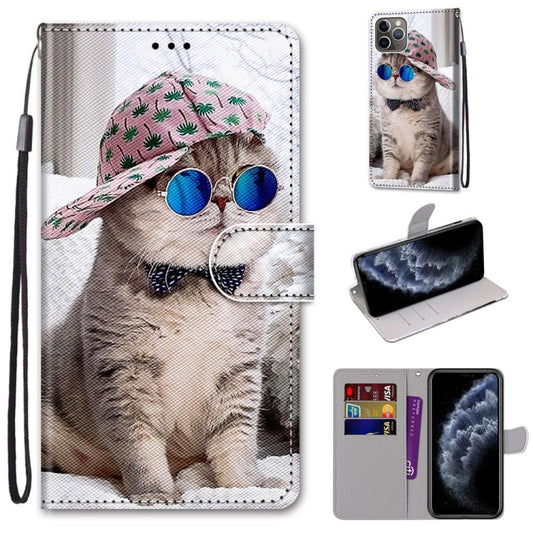 For iPhone 11 Pro Coloured Drawing Cross Texture Horizontal Flip PU Leather Case with Holder & Card Slots & Wallet & Lanyard (Slant Hat Blue Mirror Cat) by buy2fix