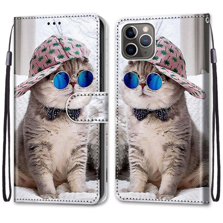 For iPhone 11 Pro Coloured Drawing Cross Texture Horizontal Flip PU Leather Case with Holder & Card Slots & Wallet & Lanyard (Slant Hat Blue Mirror Cat) by buy2fix