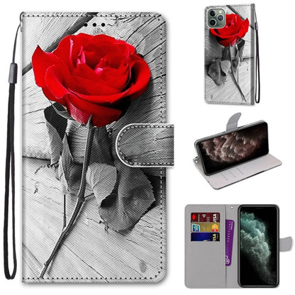 For iPhone 11 Pro Max Coloured Drawing Cross Texture Horizontal Flip PU Leather Case with Holder & Card Slots & Wallet & Lanyard (B10 Wood Red Rose) by buy2fix