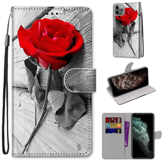 For iPhone 11 Pro Max Coloured Drawing Cross Texture Horizontal Flip PU Leather Case with Holder & Card Slots & Wallet & Lanyard (B10 Wood Red Rose) by buy2fix