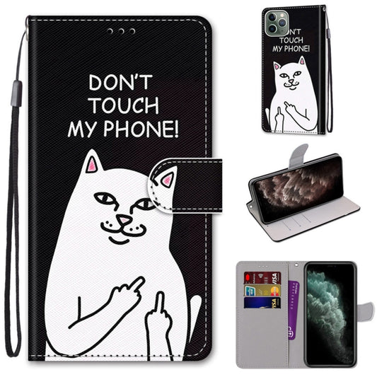 For iPhone 11 Pro Max Coloured Drawing Cross Texture Horizontal Flip PU Leather Case with Holder & Card Slots & Wallet & Lanyard (Middle Finger White Cat) by buy2fix