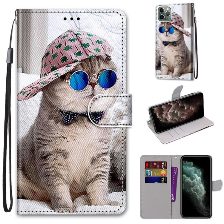 For iPhone 11 Pro Max Coloured Drawing Cross Texture Horizontal Flip PU Leather Case with Holder & Card Slots & Wallet & Lanyard (Slant Hat Blue Mirror Cat) by buy2fix
