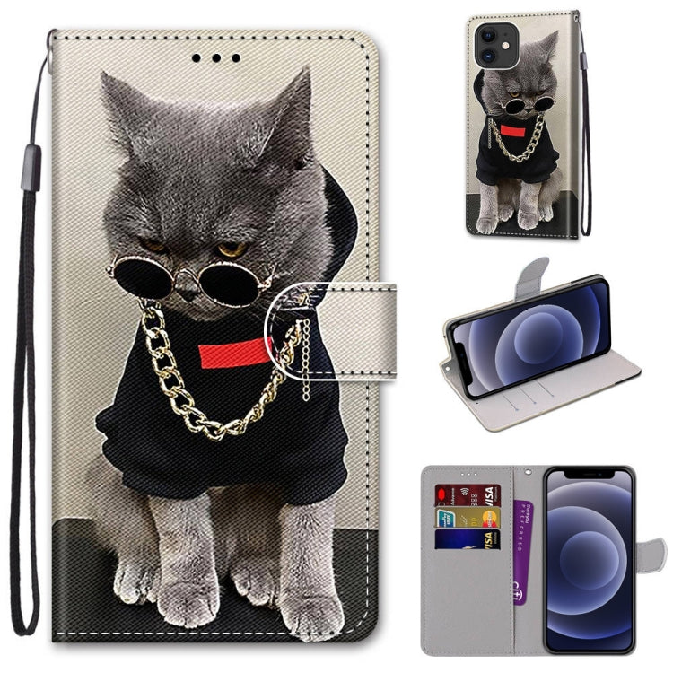For iPhone 12 mini Coloured Drawing Cross Texture Horizontal Flip PU Leather Case with Holder & Card Slots & Wallet & Lanyard (B09 Golden Chain Grey Cat) by buy2fix