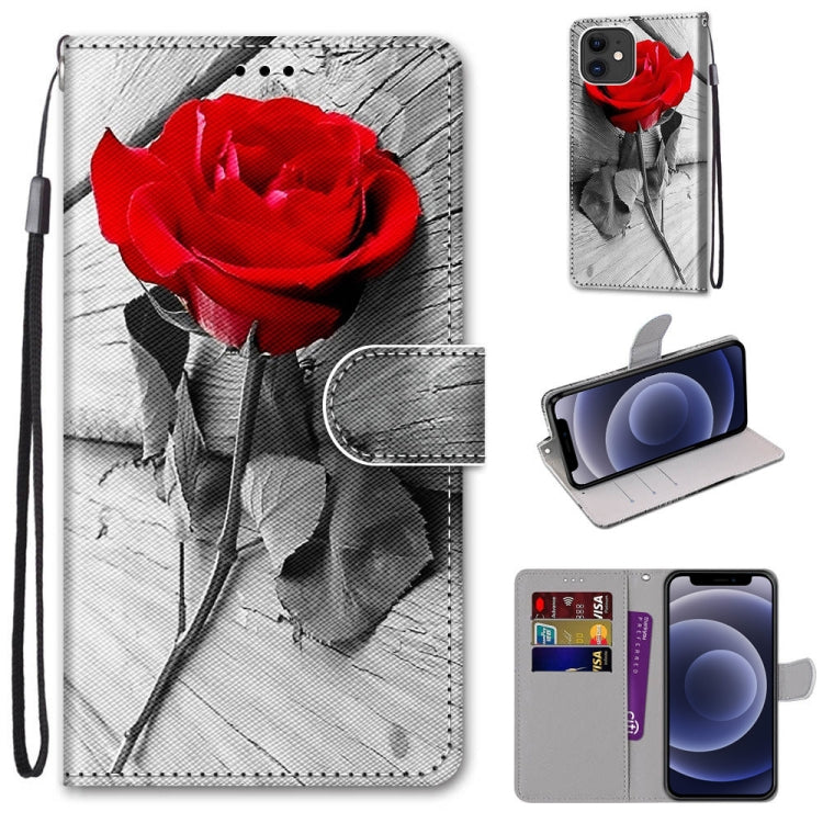 For iPhone 12 mini Coloured Drawing Cross Texture Horizontal Flip PU Leather Case with Holder & Card Slots & Wallet & Lanyard (B10 Wood Red Rose) by buy2fix