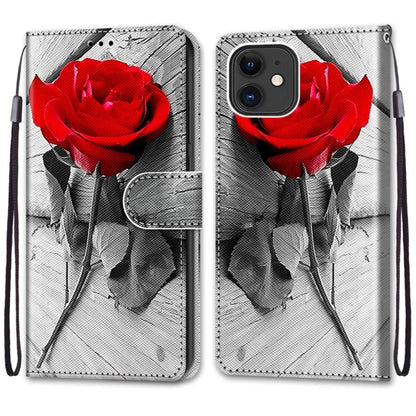 For iPhone 12 mini Coloured Drawing Cross Texture Horizontal Flip PU Leather Case with Holder & Card Slots & Wallet & Lanyard (B10 Wood Red Rose) by buy2fix