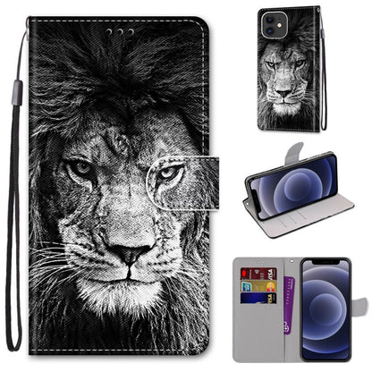 For iPhone 12 mini Coloured Drawing Cross Texture Horizontal Flip PU Leather Case with Holder & Card Slots & Wallet & Lanyard (B11 Black White Lion Head) by buy2fix