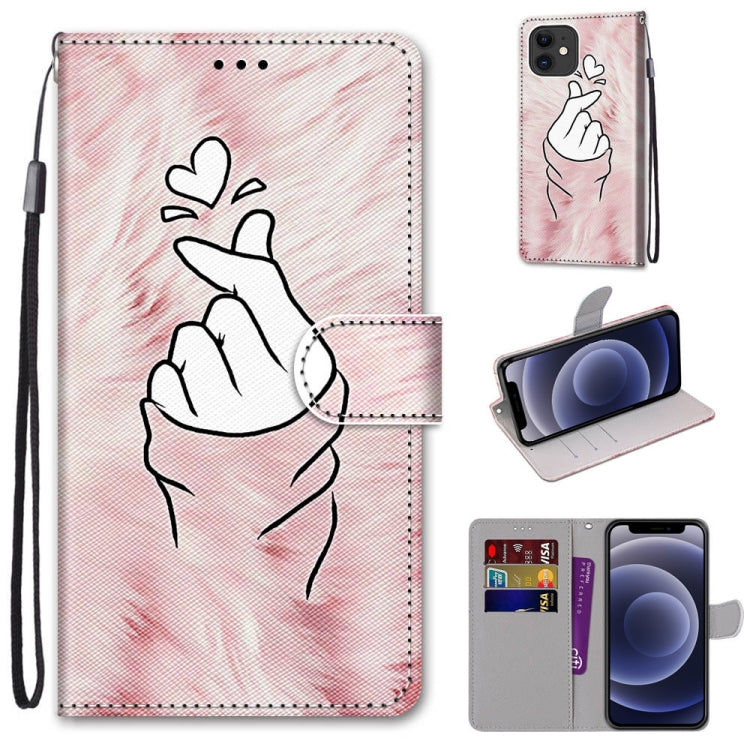 For iPhone 12 mini Coloured Drawing Cross Texture Horizontal Flip PU Leather Case with Holder & Card Slots & Wallet & Lanyard (Pink Hands Heart) by buy2fix