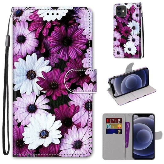 For iPhone 12 mini Coloured Drawing Cross Texture Horizontal Flip PU Leather Case with Holder & Card Slots & Wallet & Lanyard (Chrysanthemum Pink White Purple) by buy2fix