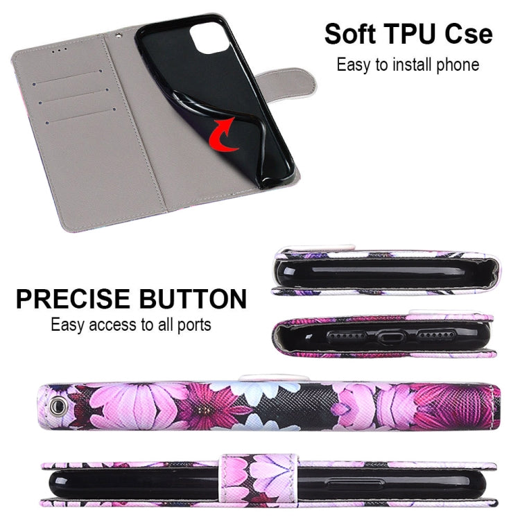 For iPhone 12 mini Coloured Drawing Cross Texture Horizontal Flip PU Leather Case with Holder & Card Slots & Wallet & Lanyard (Chrysanthemum Pink White Purple) by buy2fix