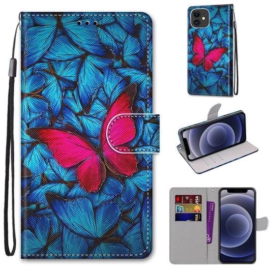 For iPhone 12 mini Coloured Drawing Cross Texture Horizontal Flip PU Leather Case with Holder & Card Slots & Wallet & Lanyard (Blue Red Butterfly) by buy2fix