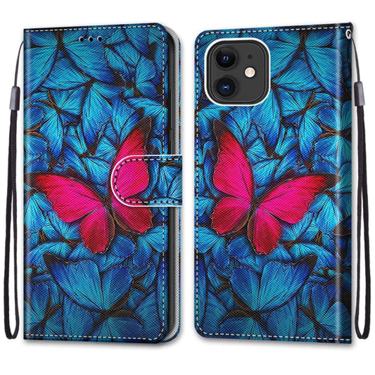 For iPhone 12 mini Coloured Drawing Cross Texture Horizontal Flip PU Leather Case with Holder & Card Slots & Wallet & Lanyard (Blue Red Butterfly) by buy2fix