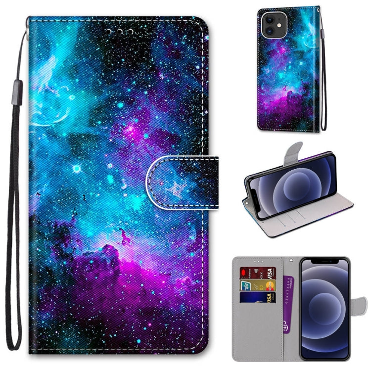 For iPhone 12 mini Coloured Drawing Cross Texture Horizontal Flip PU Leather Case with Holder & Card Slots & Wallet & Lanyard (Purple Green Starry Sky) by buy2fix