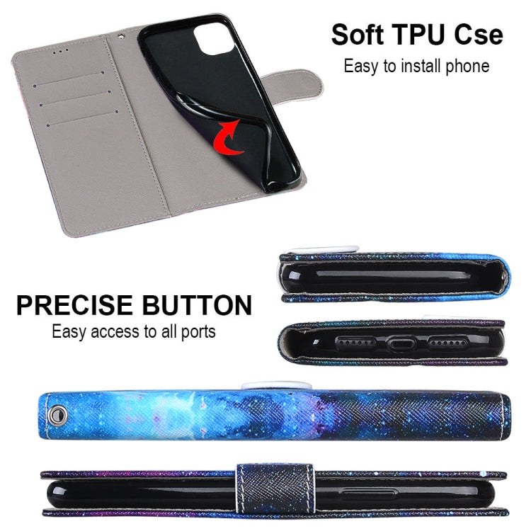 For iPhone 12 mini Coloured Drawing Cross Texture Horizontal Flip PU Leather Case with Holder & Card Slots & Wallet & Lanyard (Purple Green Starry Sky) by buy2fix