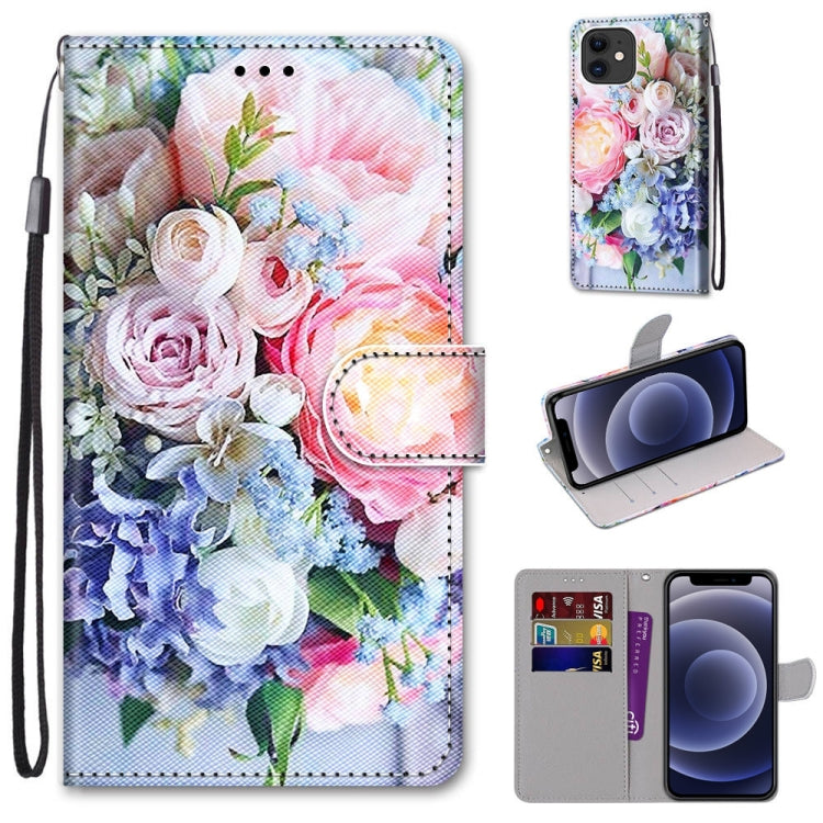 For iPhone 12 mini Coloured Drawing Cross Texture Horizontal Flip PU Leather Case with Holder & Card Slots & Wallet & Lanyard (Light Pink Bouquet) by buy2fix