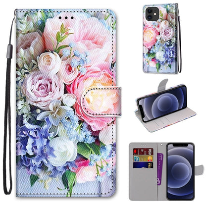 For iPhone 12 mini Coloured Drawing Cross Texture Horizontal Flip PU Leather Case with Holder & Card Slots & Wallet & Lanyard (Light Pink Bouquet) by buy2fix