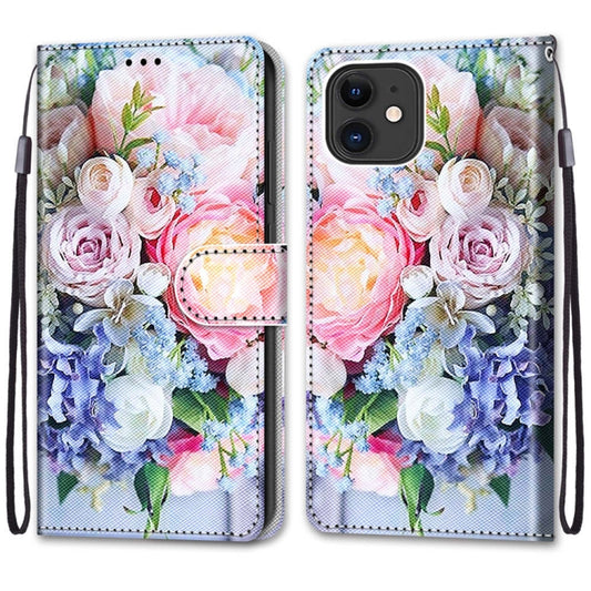 For iPhone 12 mini Coloured Drawing Cross Texture Horizontal Flip PU Leather Case with Holder & Card Slots & Wallet & Lanyard (Light Pink Bouquet) by buy2fix