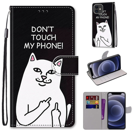 For iPhone 12 mini Coloured Drawing Cross Texture Horizontal Flip PU Leather Case with Holder & Card Slots & Wallet & Lanyard (Middle Finger White Cat) by buy2fix