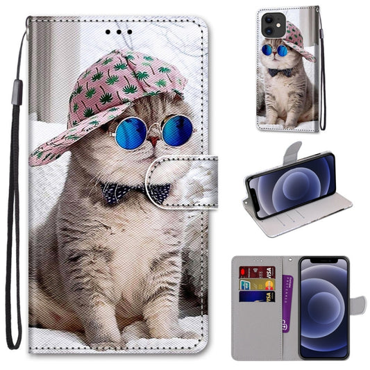 For iPhone 12 mini Coloured Drawing Cross Texture Horizontal Flip PU Leather Case with Holder & Card Slots & Wallet & Lanyard (Slant Hat Blue Mirror Cat) by buy2fix