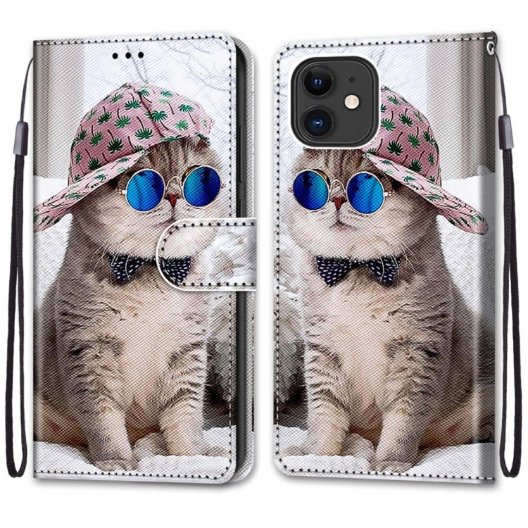 For iPhone 12 mini Coloured Drawing Cross Texture Horizontal Flip PU Leather Case with Holder & Card Slots & Wallet & Lanyard (Slant Hat Blue Mirror Cat) by buy2fix