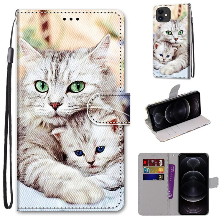 For iPhone 12 / 12 Pro Coloured Drawing Cross Texture Horizontal Flip PU Leather Case with Holder & Card Slots & Wallet & Lanyard(Big Cat Holding Kitten) by buy2fix