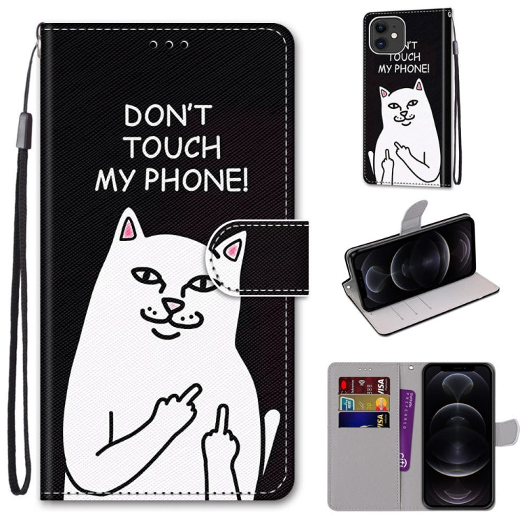 For iPhone 12 / 12 Pro Coloured Drawing Cross Texture Horizontal Flip PU Leather Case with Holder & Card Slots & Wallet & Lanyard(Middle Finger White Cat) by buy2fix