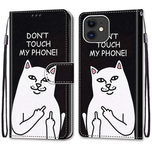 For iPhone 12 / 12 Pro Coloured Drawing Cross Texture Horizontal Flip PU Leather Case with Holder & Card Slots & Wallet & Lanyard(Middle Finger White Cat) by buy2fix