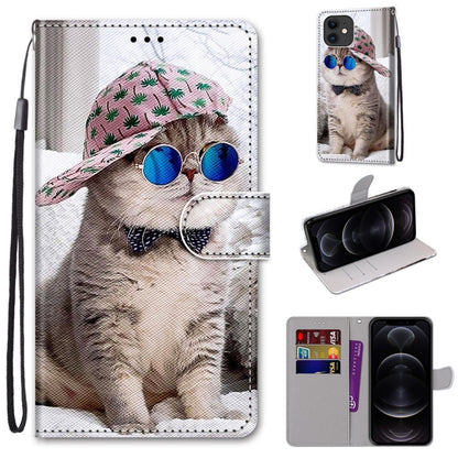 For iPhone 12 / 12 Pro Coloured Drawing Cross Texture Horizontal Flip PU Leather Case with Holder & Card Slots & Wallet & Lanyard(Slant Hat Blue Mirror Cat) by buy2fix