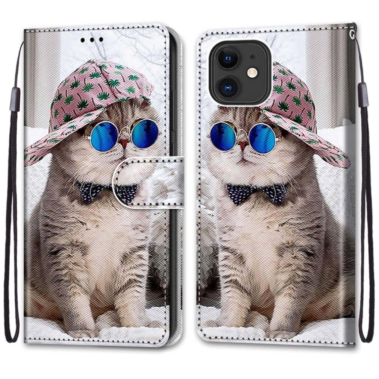For iPhone 12 / 12 Pro Coloured Drawing Cross Texture Horizontal Flip PU Leather Case with Holder & Card Slots & Wallet & Lanyard(Slant Hat Blue Mirror Cat) by buy2fix