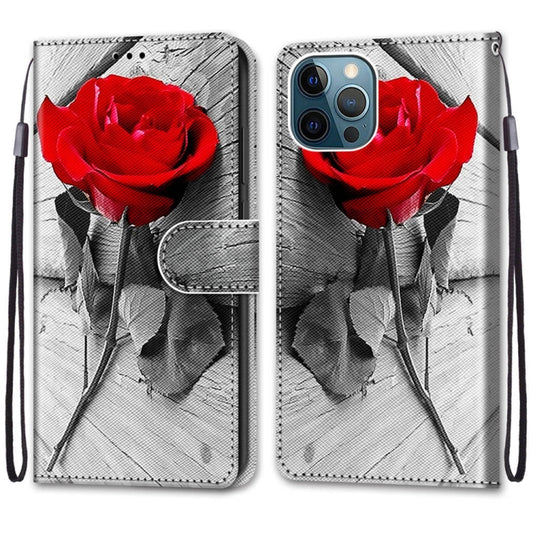 For iPhone 12 Pro Max Coloured Drawing Cross Texture Horizontal Flip PU Leather Case with Holder & Card Slots & Wallet & Lanyard(B10 Wood Red Rose) by buy2fix