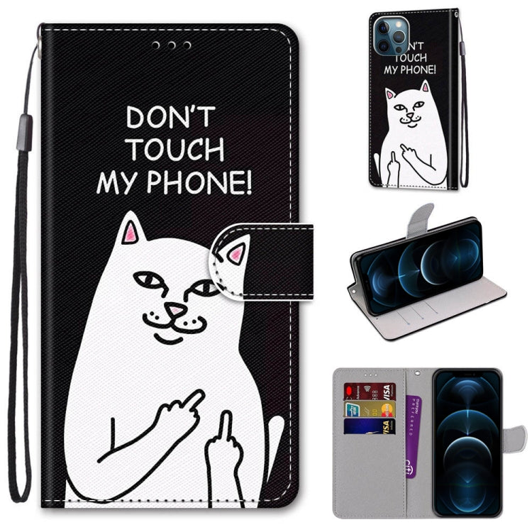 For iPhone 12 Pro Max Coloured Drawing Cross Texture Horizontal Flip PU Leather Case with Holder & Card Slots & Wallet & Lanyard(Middle Finger White Cat) by buy2fix