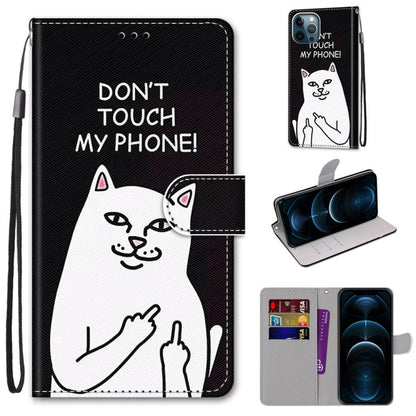 For iPhone 12 Pro Max Coloured Drawing Cross Texture Horizontal Flip PU Leather Case with Holder & Card Slots & Wallet & Lanyard(Middle Finger White Cat) by buy2fix