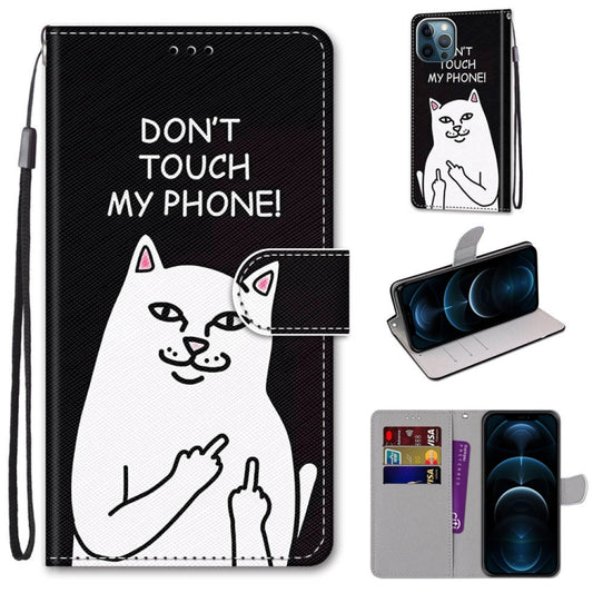 For iPhone 12 Pro Max Coloured Drawing Cross Texture Horizontal Flip PU Leather Case with Holder & Card Slots & Wallet & Lanyard(Middle Finger White Cat) by buy2fix