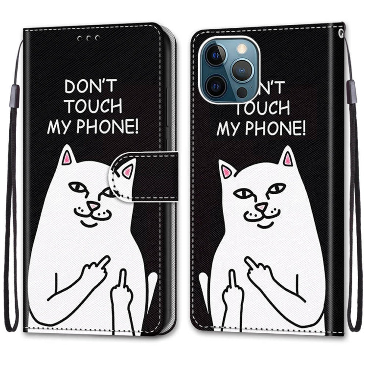 For iPhone 12 Pro Max Coloured Drawing Cross Texture Horizontal Flip PU Leather Case with Holder & Card Slots & Wallet & Lanyard(Middle Finger White Cat) by buy2fix
