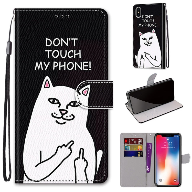 For iPhone X / XS Coloured Drawing Cross Texture Horizontal Flip PU Leather Case with Holder & Card Slots & Wallet & Lanyard(Middle Finger White Cat) by buy2fix