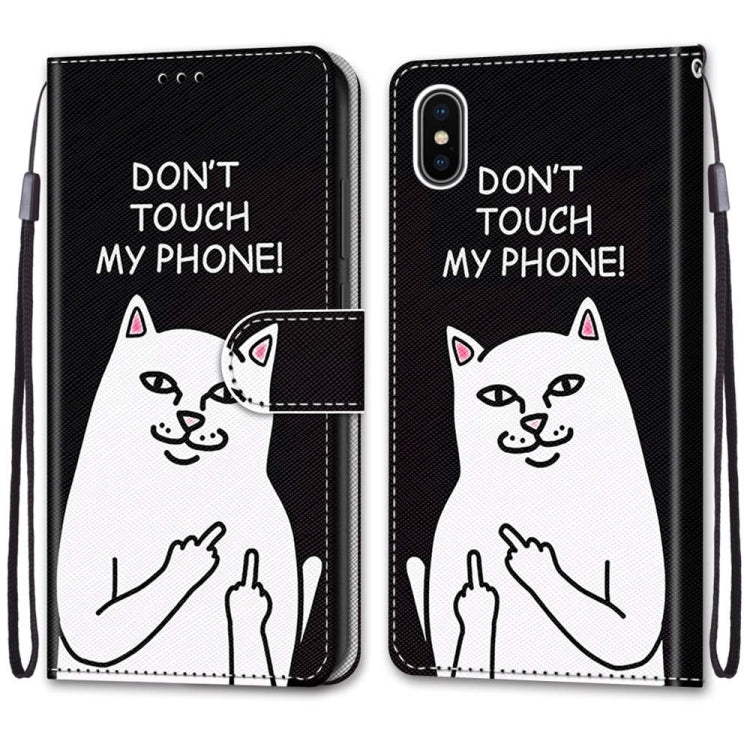 For iPhone X / XS Coloured Drawing Cross Texture Horizontal Flip PU Leather Case with Holder & Card Slots & Wallet & Lanyard(Middle Finger White Cat) by buy2fix