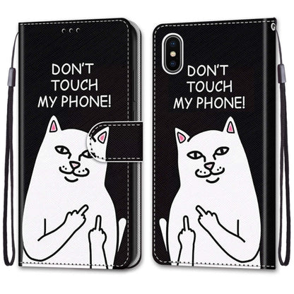 For iPhone X / XS Coloured Drawing Cross Texture Horizontal Flip PU Leather Case with Holder & Card Slots & Wallet & Lanyard(Middle Finger White Cat) by buy2fix