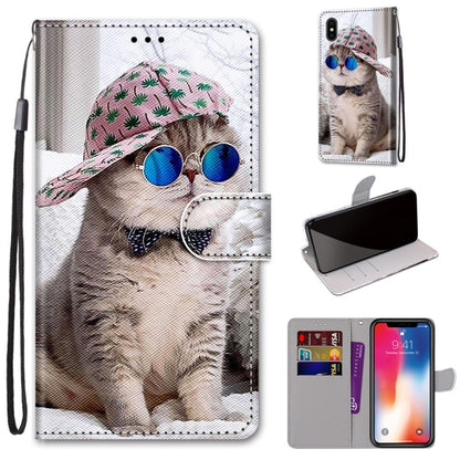 For iPhone X / XS Coloured Drawing Cross Texture Horizontal Flip PU Leather Case with Holder & Card Slots & Wallet & Lanyard(Slant Hat Blue Mirror Cat) by buy2fix