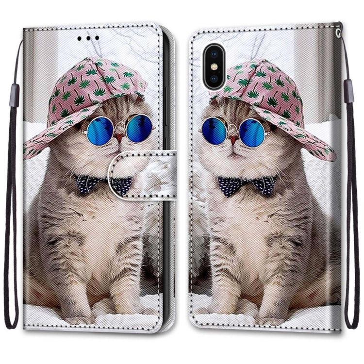 For iPhone X / XS Coloured Drawing Cross Texture Horizontal Flip PU Leather Case with Holder & Card Slots & Wallet & Lanyard(Slant Hat Blue Mirror Cat) by buy2fix