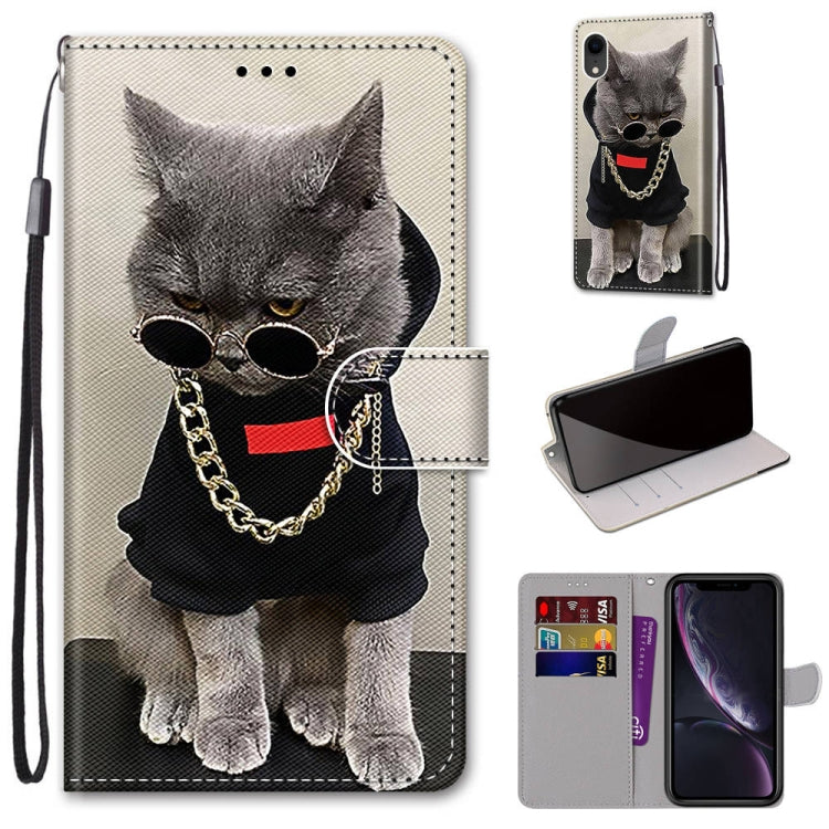 For iPhone XR Coloured Drawing Cross Texture Horizontal Flip PU Leather Case with Holder & Card Slots & Wallet & Lanyard(B09 Golden Chain Grey Cat) by buy2fix